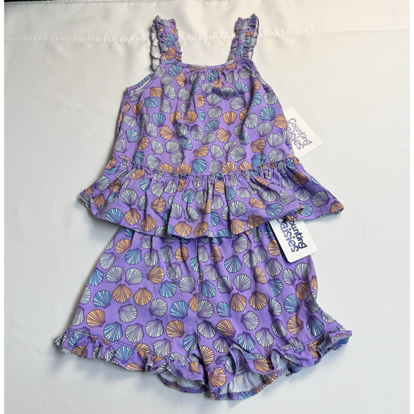 Counting Daisies Girl's 2-Piece Ruffled Top & Short Set Size 6X Lilac Sea Shell - Picture 1 of 7